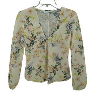 Zara XS Cream Yellow Floral Print Sheer Long Sleeve Blouse